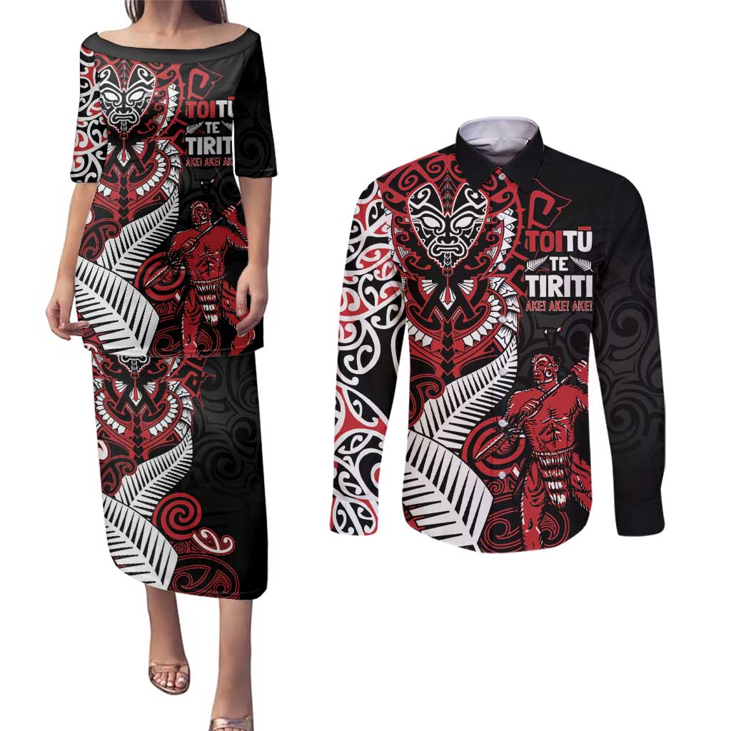 Aotearoa Toitu Te Tiriti Couples Matching Puletasi and Long Sleeve Button Shirt Whakairo Wheku