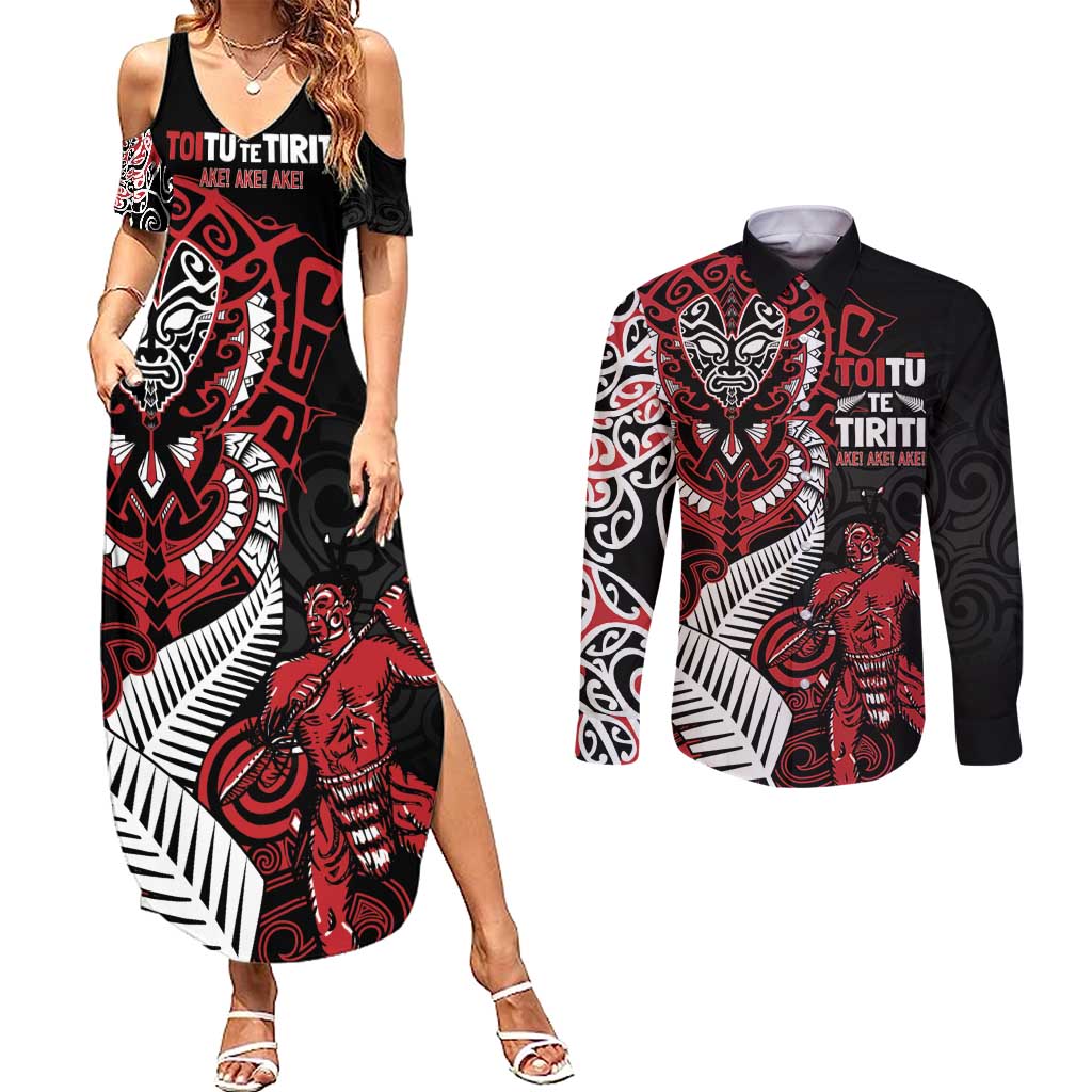 Aotearoa Toitu Te Tiriti Couples Matching Summer Maxi Dress and Long Sleeve Button Shirt Whakairo Wheku