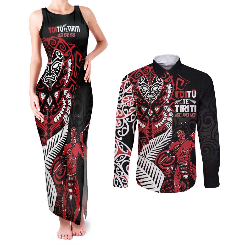 Aotearoa Toitu Te Tiriti Couples Matching Tank Maxi Dress and Long Sleeve Button Shirt Whakairo Wheku LT7 Black - Polynesian Pride