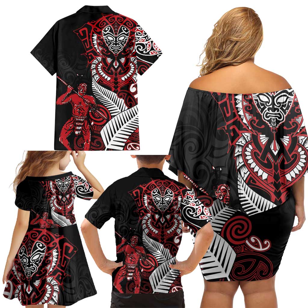 Aotearoa Toitu Te Tiriti Family Matching Off Shoulder Short Dress and Hawaiian Shirt Whakairo Wheku