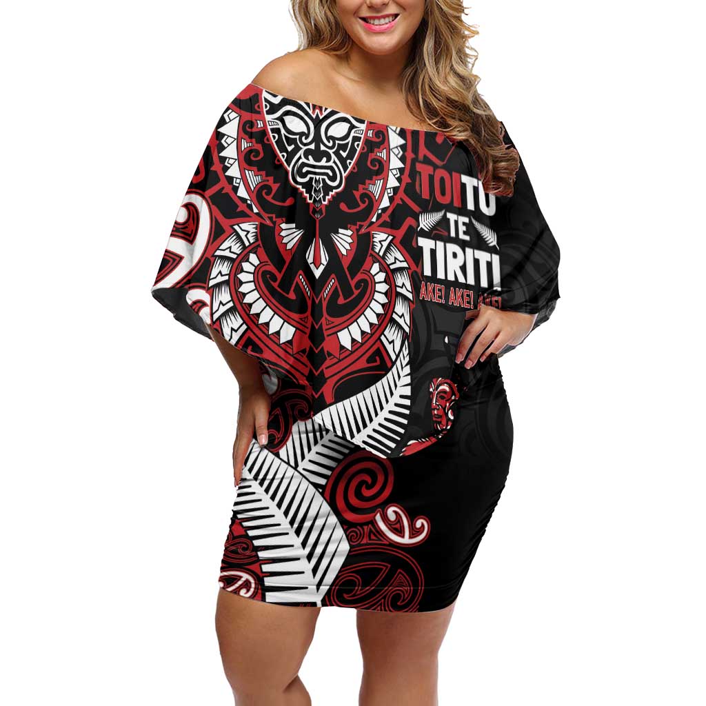 Aotearoa Toitu Te Tiriti Off Shoulder Short Dress Whakairo Wheku LT7 Women Black - Polynesian Pride