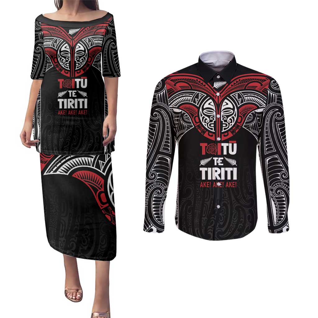Aotearoa Maori Personalized Couples Matching Puletasi and Long Sleeve Button Shirt Toitu Te Tiriti Ake! Ake! Ake!