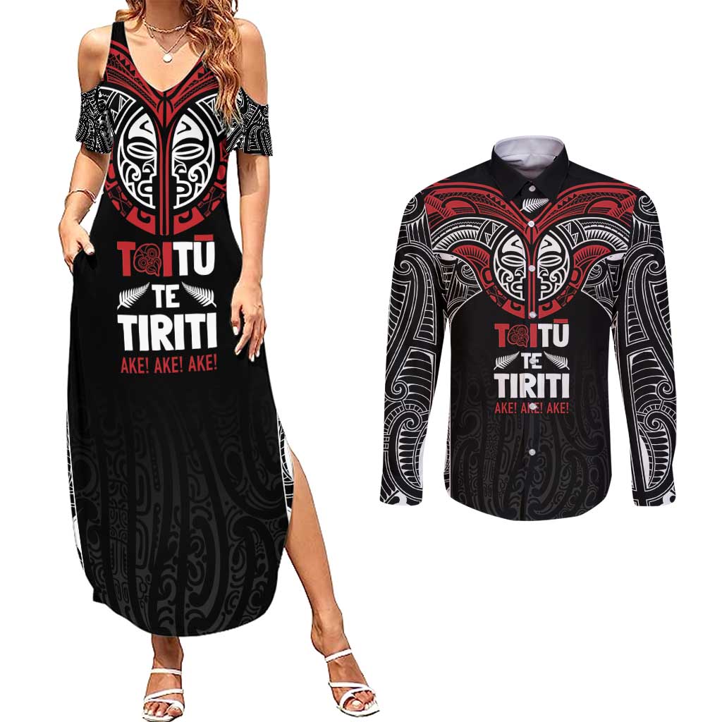 Aotearoa Maori Personalized Couples Matching Summer Maxi Dress and Long Sleeve Button Shirt Toitu Te Tiriti Ake! Ake! Ake!