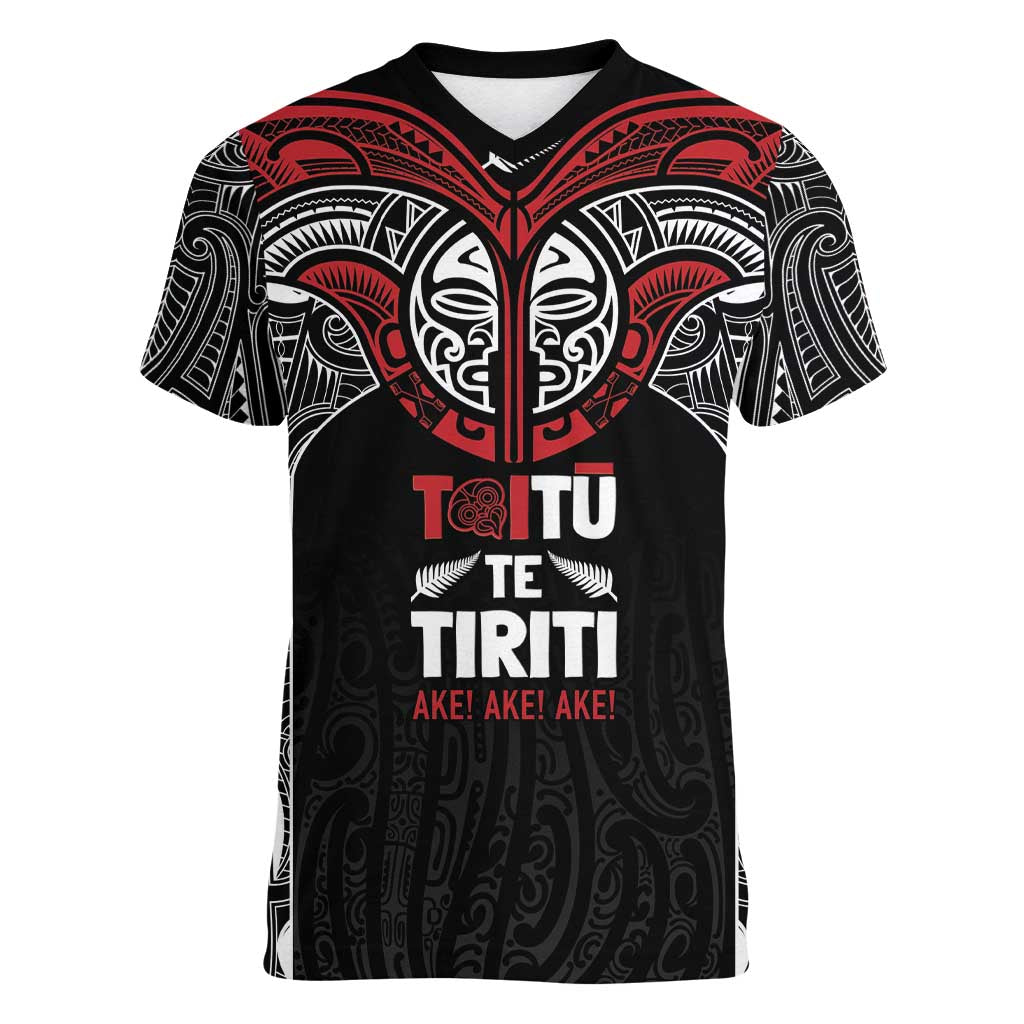 Aotearoa Maori Personalized Women V-Neck T-Shirt Toitu Te Tiriti Ake! Ake! Ake! LT7 Female Black - Polynesian Pride