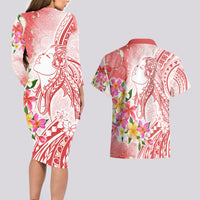 Polynesian Women's Day Wahine Couples Matching Long Sleeve Bodycon Dress and Hawaiian Shirt Plumeria Marble Glaze - Pink LT7 - Polynesian Pride