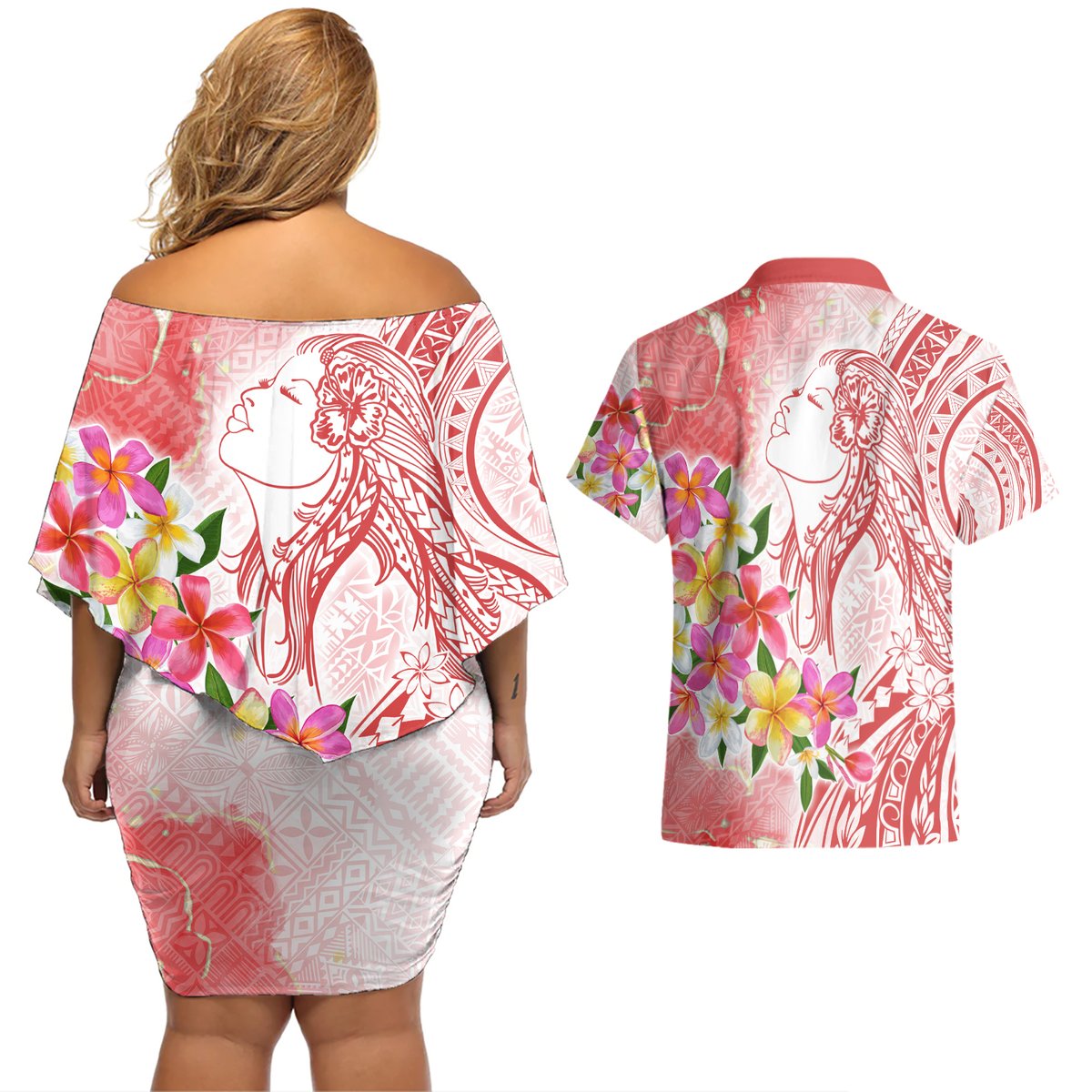 Polynesian Women's Day Wahine Couples Matching Off Shoulder Short Dress and Hawaiian Shirt Plumeria Marble Glaze - Pink LT7 - Polynesian Pride