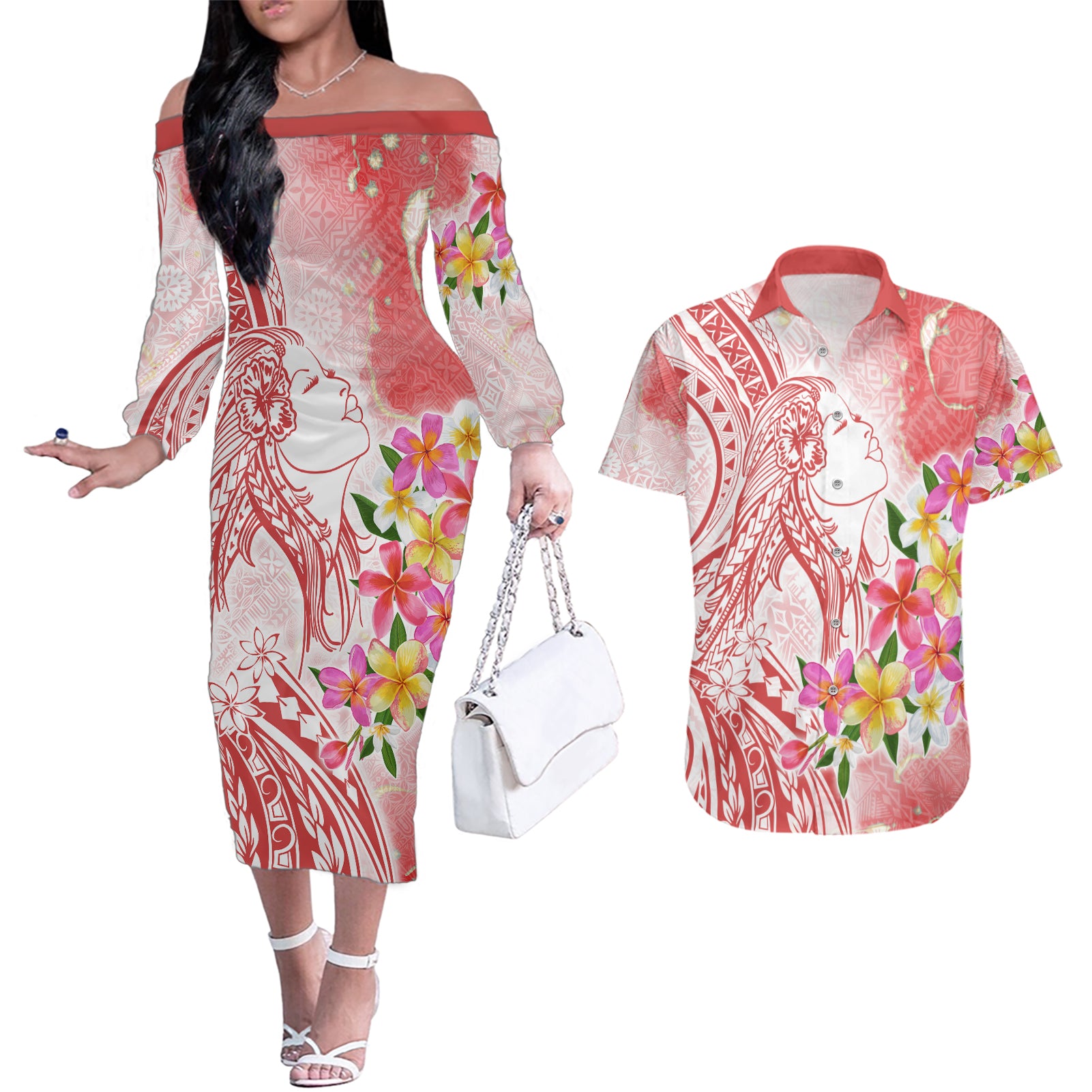 Polynesian Women's Day Wahine Couples Matching Off The Shoulder Long Sleeve Dress and Hawaiian Shirt Plumeria Marble Glaze - Pink LT7 Pink - Polynesian Pride