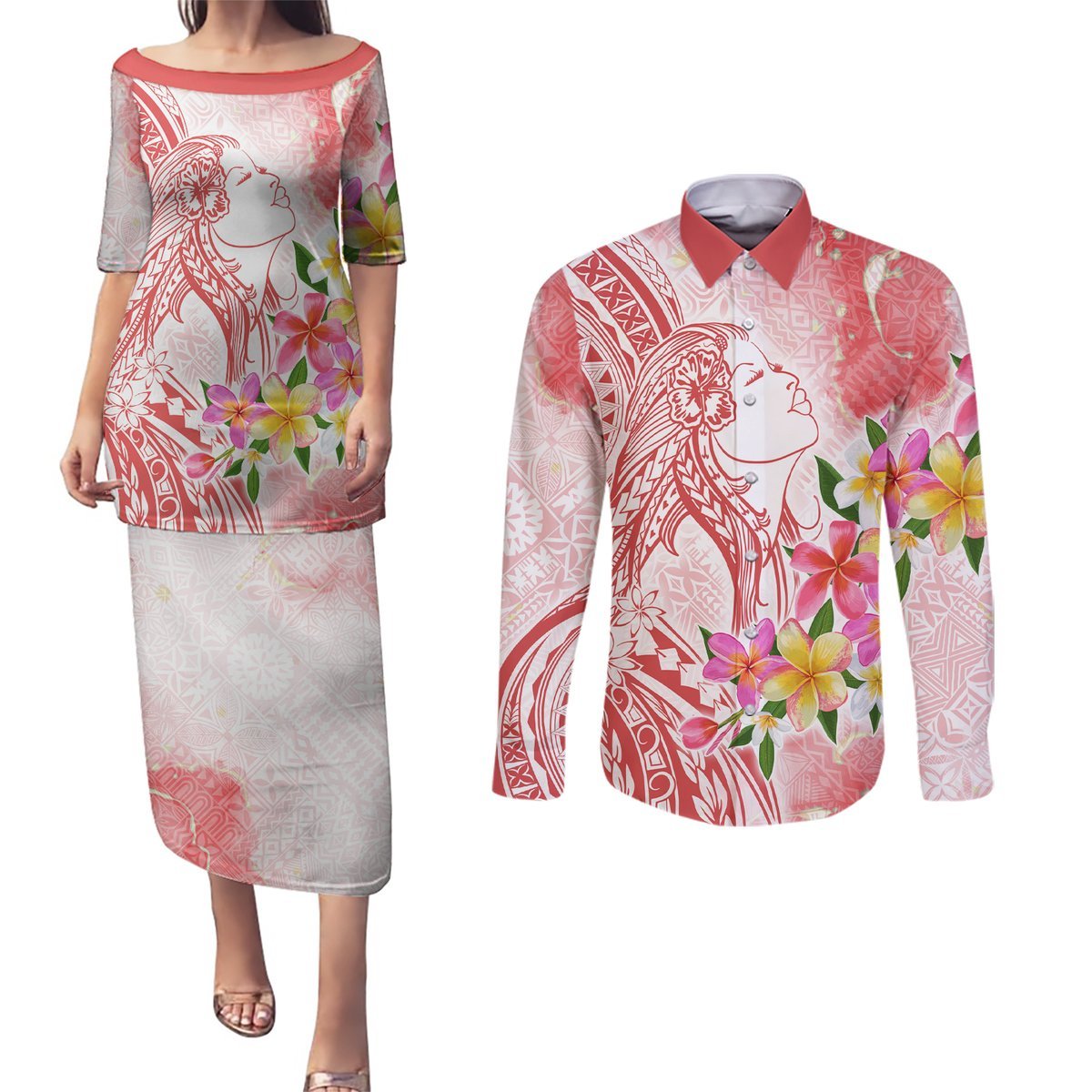 Polynesian Women's Day Wahine Couples Matching Puletasi and Long Sleeve Button Shirt Plumeria Marble Glaze - Pink LT7 Pink - Polynesian Pride