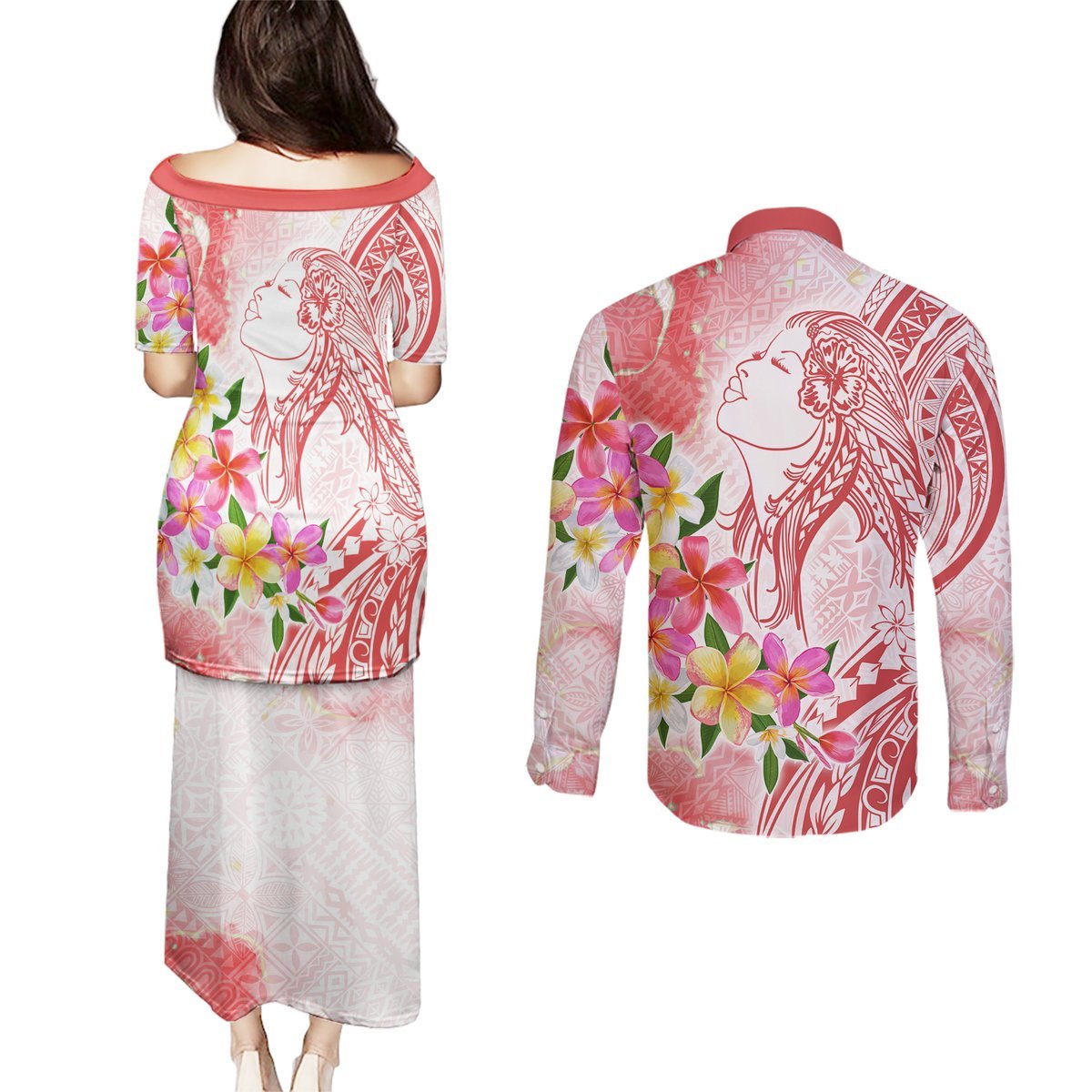 Polynesian Women's Day Wahine Couples Matching Puletasi and Long Sleeve Button Shirt Plumeria Marble Glaze - Pink LT7 - Polynesian Pride