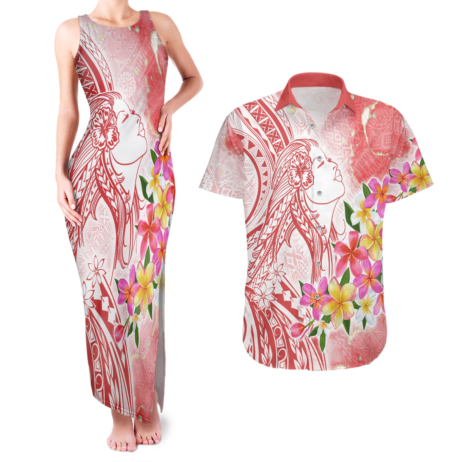Polynesian Women's Day Wahine Couples Matching Tank Maxi Dress and Hawaiian Shirt Plumeria Marble Glaze - Pink LT7 Pink - Polynesian Pride