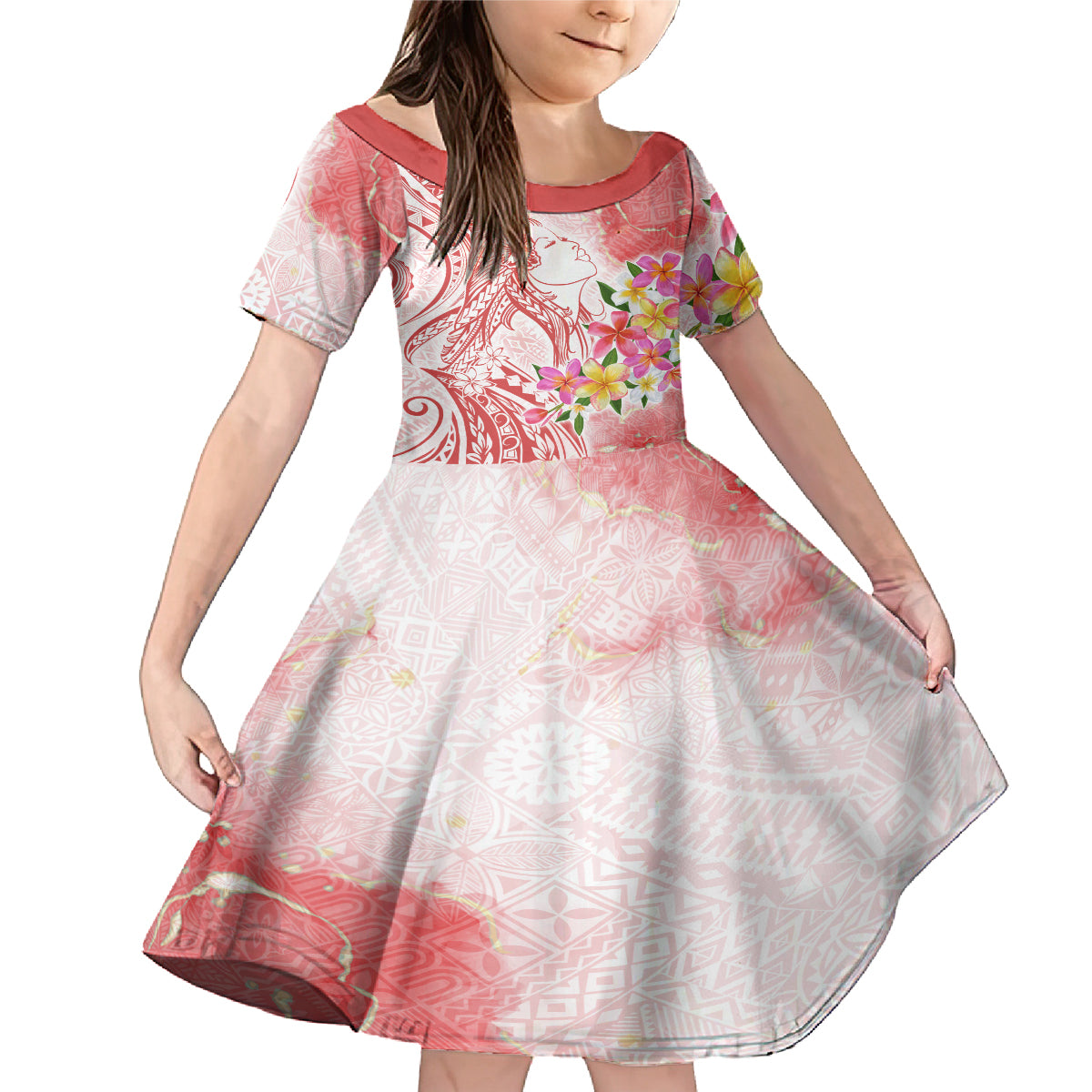 Polynesian Women's Day Wahine Family Matching Mermaid Dress and Hawaiian Shirt Plumeria Marble Glaze - Pink LT7 Daughter's Dress Pink - Polynesian Pride