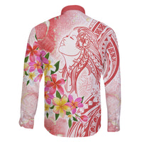 Polynesian Women's Day Wahine Family Matching Off Shoulder Long Sleeve Dress and Hawaiian Shirt Plumeria Marble Glaze - Pink LT7 - Polynesian Pride