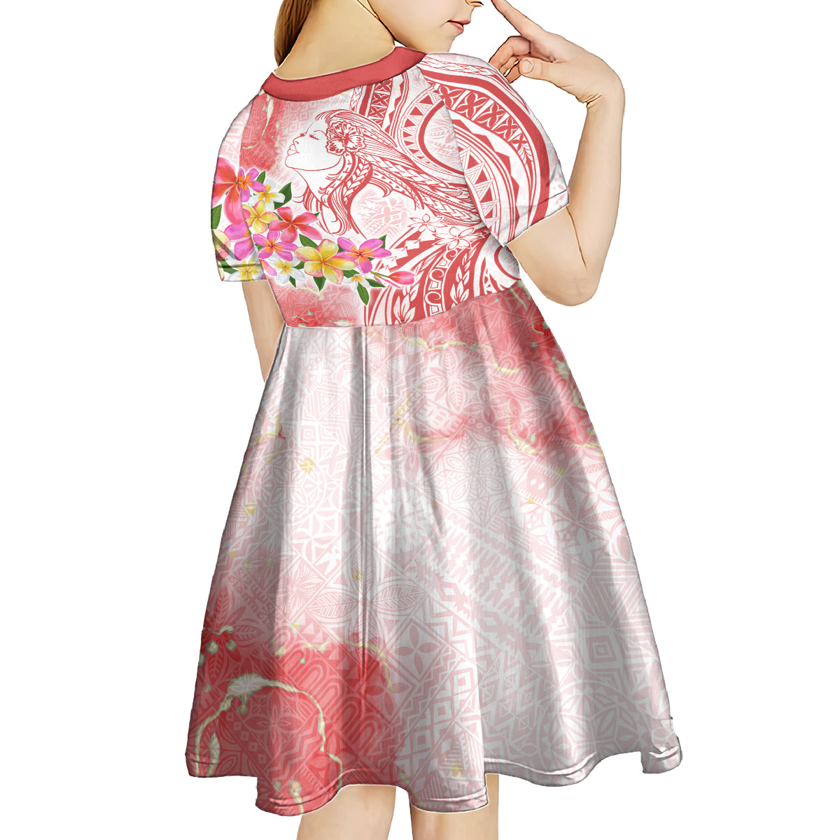 Polynesian Women's Day Wahine Kid Short Sleeve Dress Plumeria Marble Glaze - Pink LT7 - Polynesian Pride