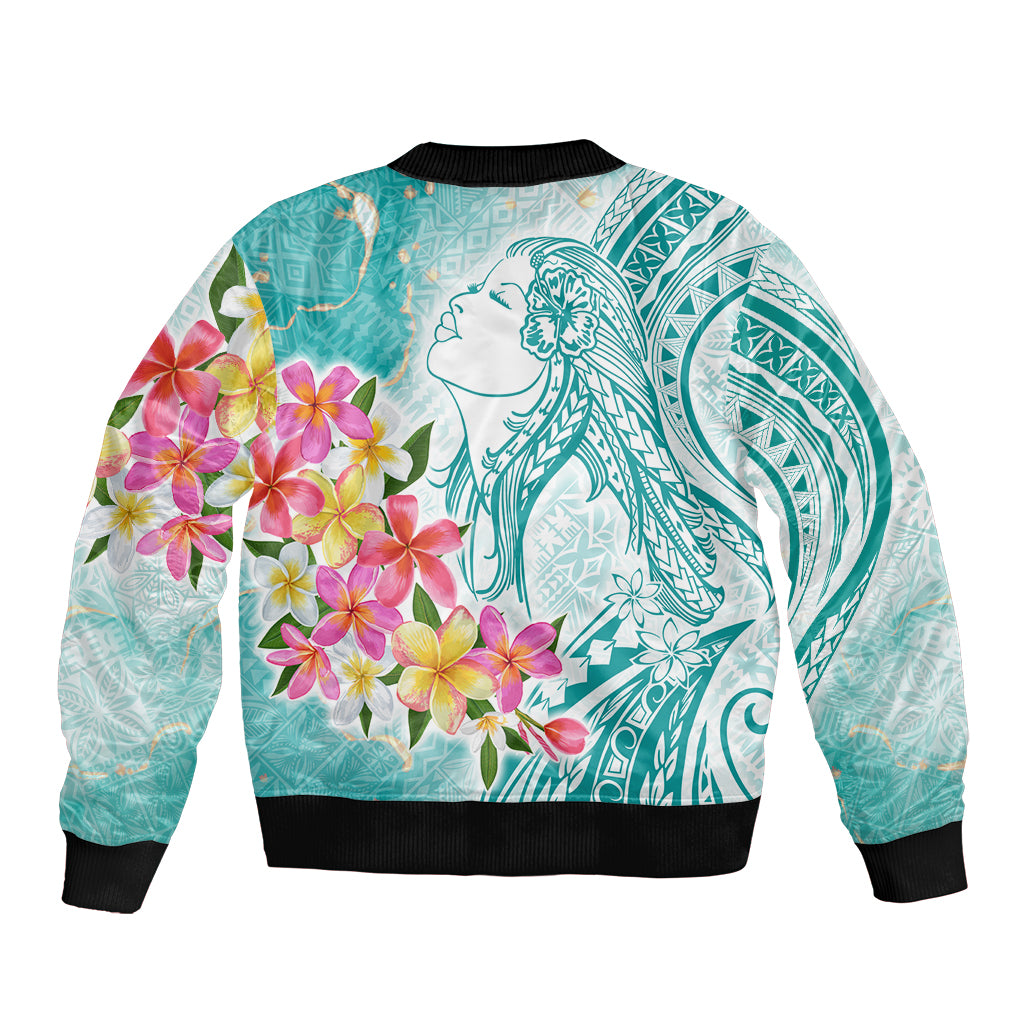 Polynesian Women's Day Wahine Bomber Jacket Plumeria Marble Glaze - Teal LT7 - Polynesian Pride