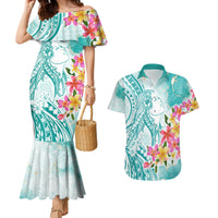 Polynesian Women's Day Wahine Couples Matching Mermaid Dress and Hawaiian Shirt Plumeria Marble Glaze - Teal LT7 Teal - Polynesian Pride