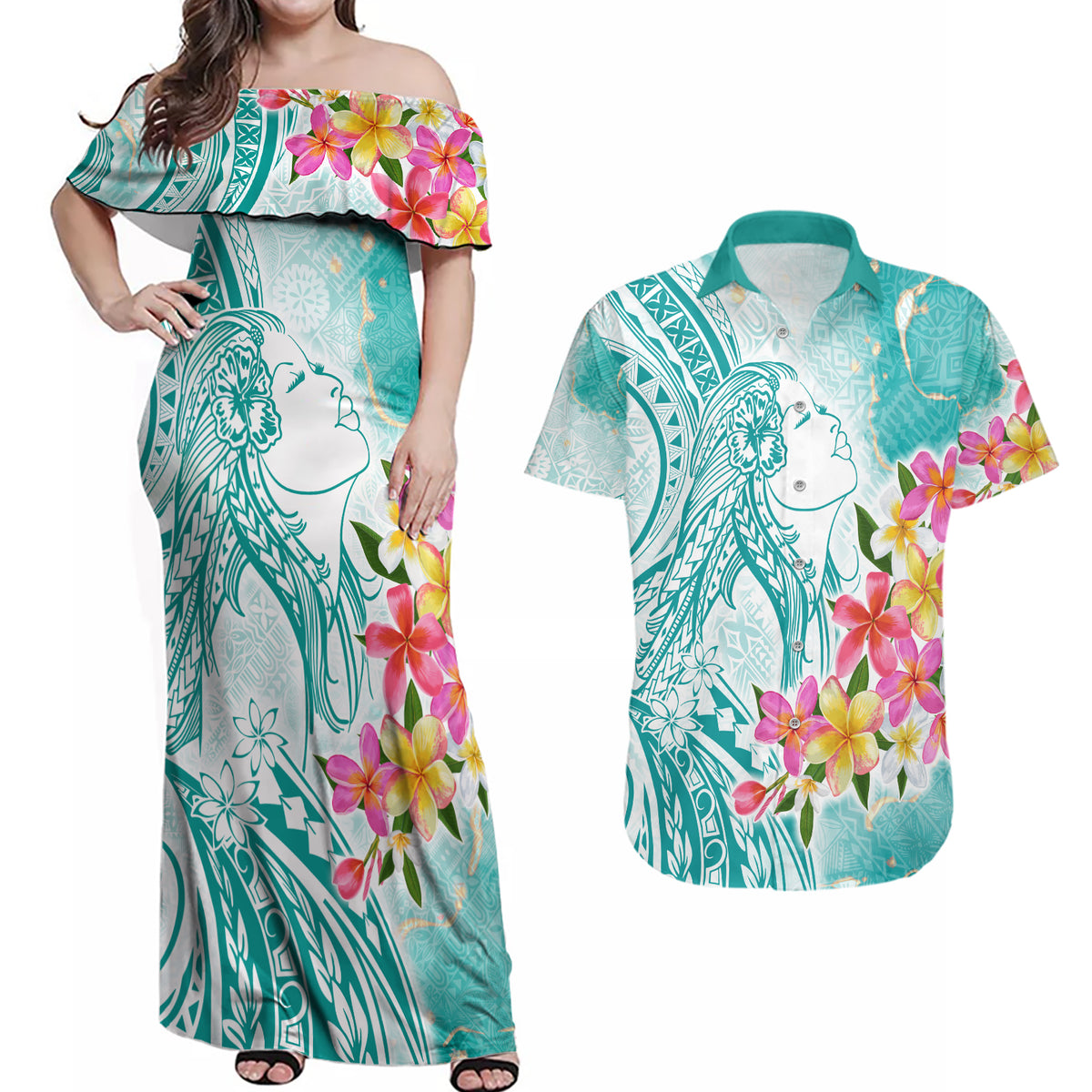 Polynesian Women's Day Wahine Couples Matching Off Shoulder Maxi Dress and Hawaiian Shirt Plumeria Marble Glaze - Teal LT7 Teal - Polynesian Pride