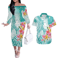 Polynesian Women's Day Wahine Couples Matching Off The Shoulder Long Sleeve Dress and Hawaiian Shirt Plumeria Marble Glaze - Teal LT7 Teal - Polynesian Pride