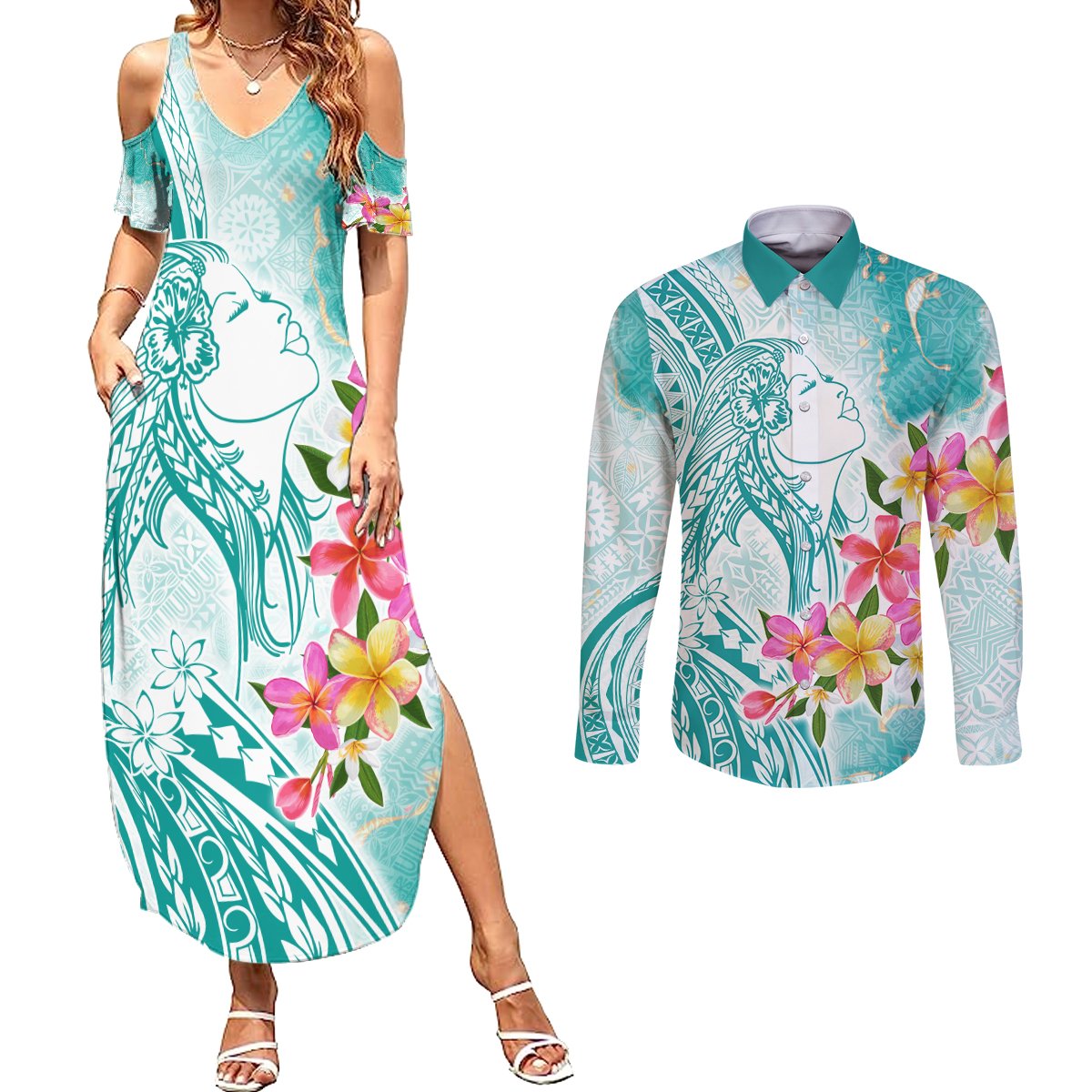 Polynesian Women's Day Wahine Couples Matching Summer Maxi Dress and Long Sleeve Button Shirt Plumeria Marble Glaze - Teal LT7 Teal - Polynesian Pride