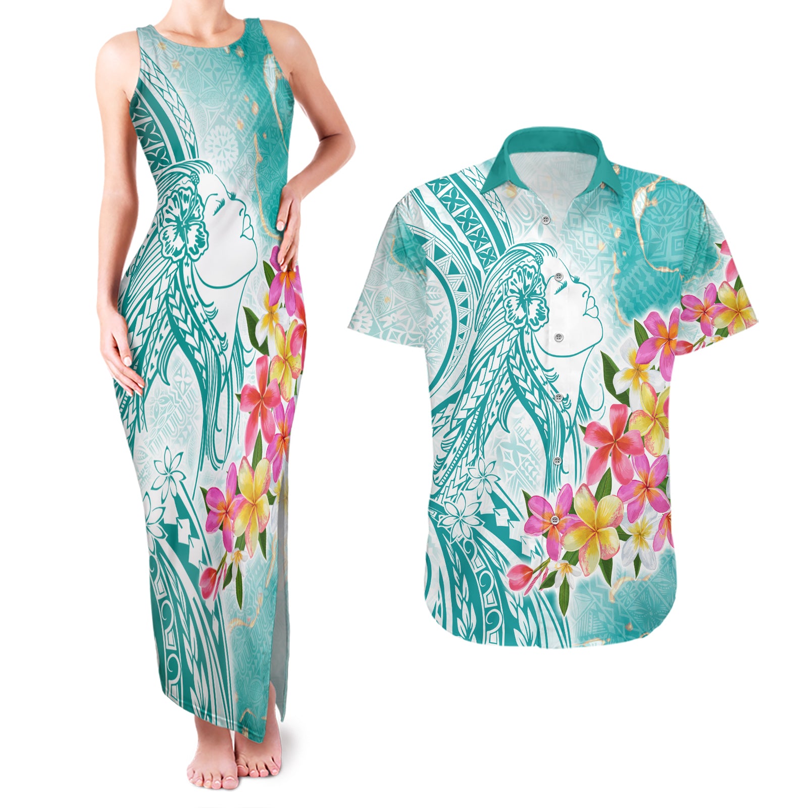 Polynesian Women's Day Wahine Couples Matching Tank Maxi Dress and Hawaiian Shirt Plumeria Marble Glaze - Teal LT7 Teal - Polynesian Pride