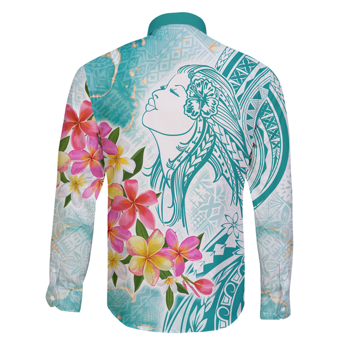 Polynesian Women's Day Wahine Family Matching Long Sleeve Bodycon Dress and Hawaiian Shirt Plumeria Marble Glaze - Teal LT7 - Polynesian Pride