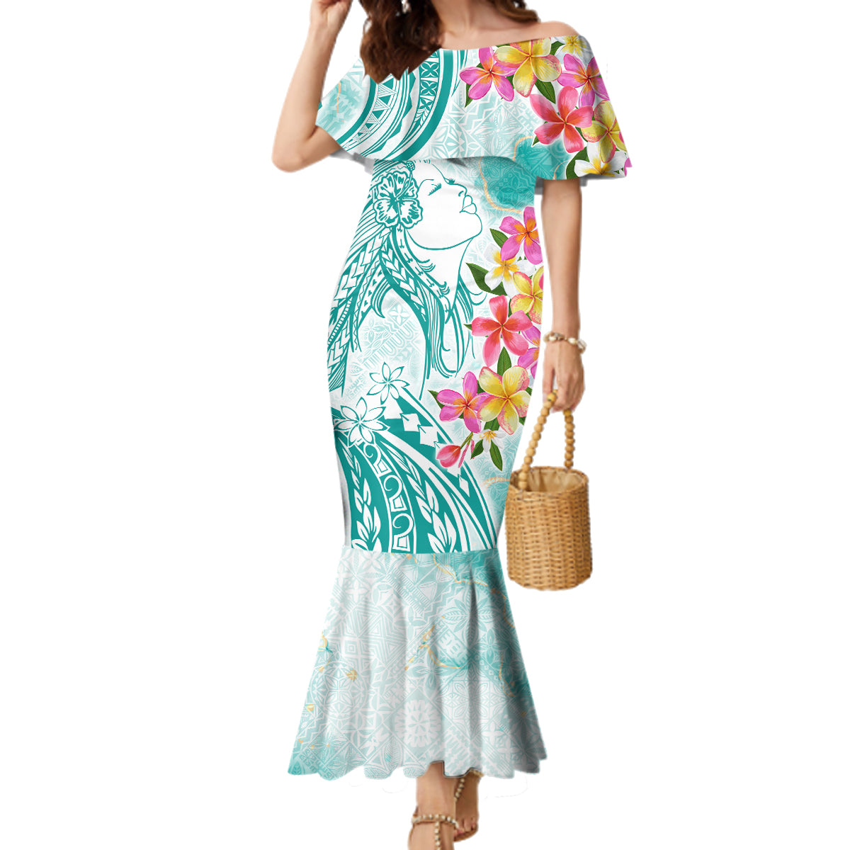 Polynesian Women's Day Wahine Family Matching Mermaid Dress and Hawaiian Shirt Plumeria Marble Glaze - Teal LT7 Mom's Dress Teal - Polynesian Pride