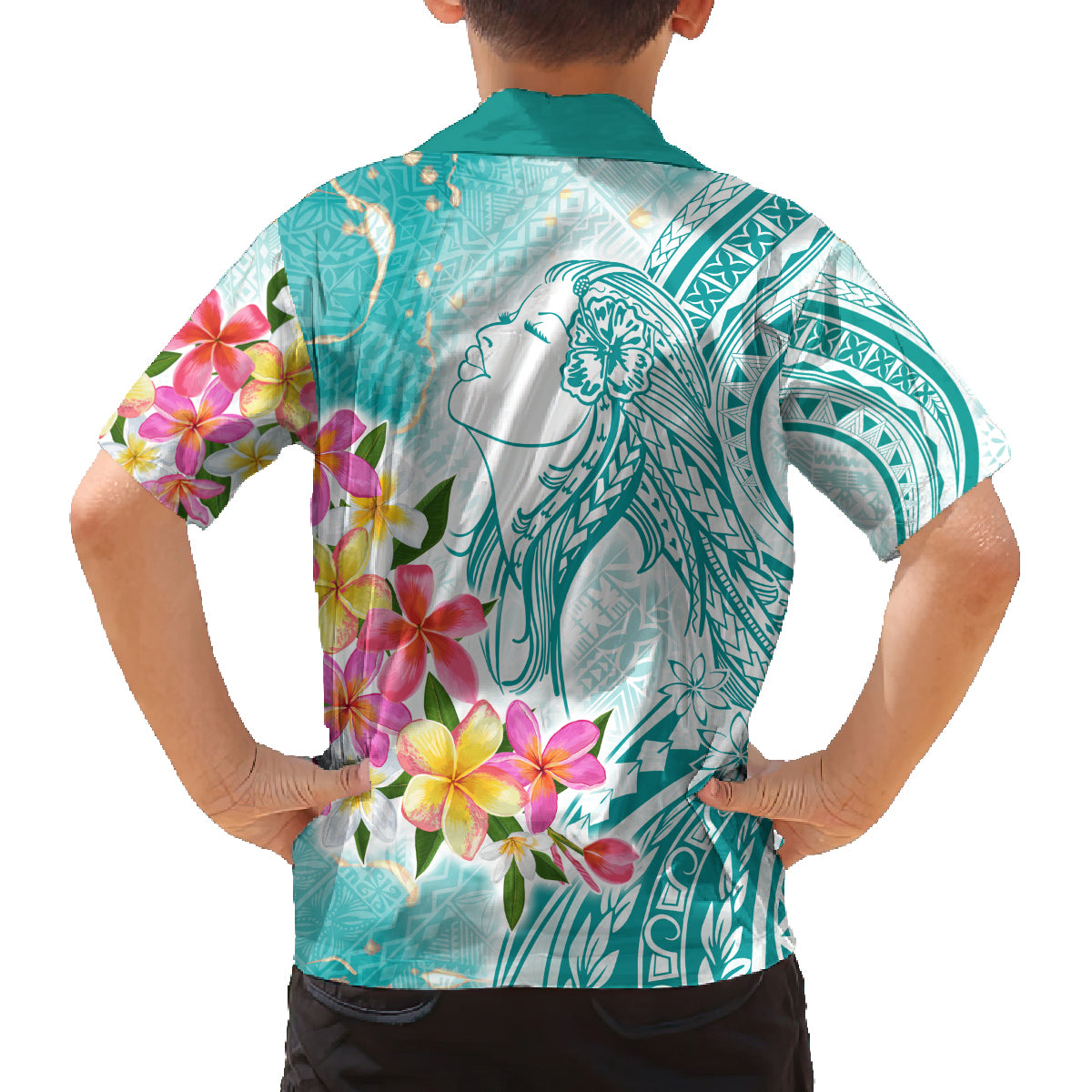 Polynesian Women's Day Wahine Family Matching Off Shoulder Short Dress and Hawaiian Shirt Plumeria Marble Glaze - Teal LT7 - Polynesian Pride