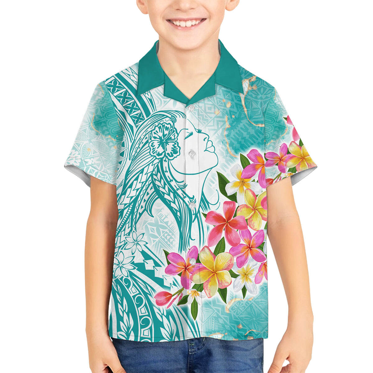 Polynesian Women's Day Wahine Family Matching Off Shoulder Short Dress and Hawaiian Shirt Plumeria Marble Glaze - Teal LT7 Son's Shirt Teal - Polynesian Pride