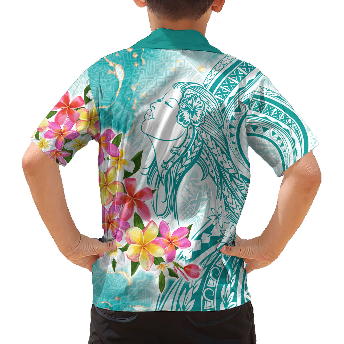 Polynesian Women's Day Wahine Family Matching Short Sleeve Bodycon Dress and Hawaiian Shirt Plumeria Marble Glaze - Teal LT7 - Polynesian Pride
