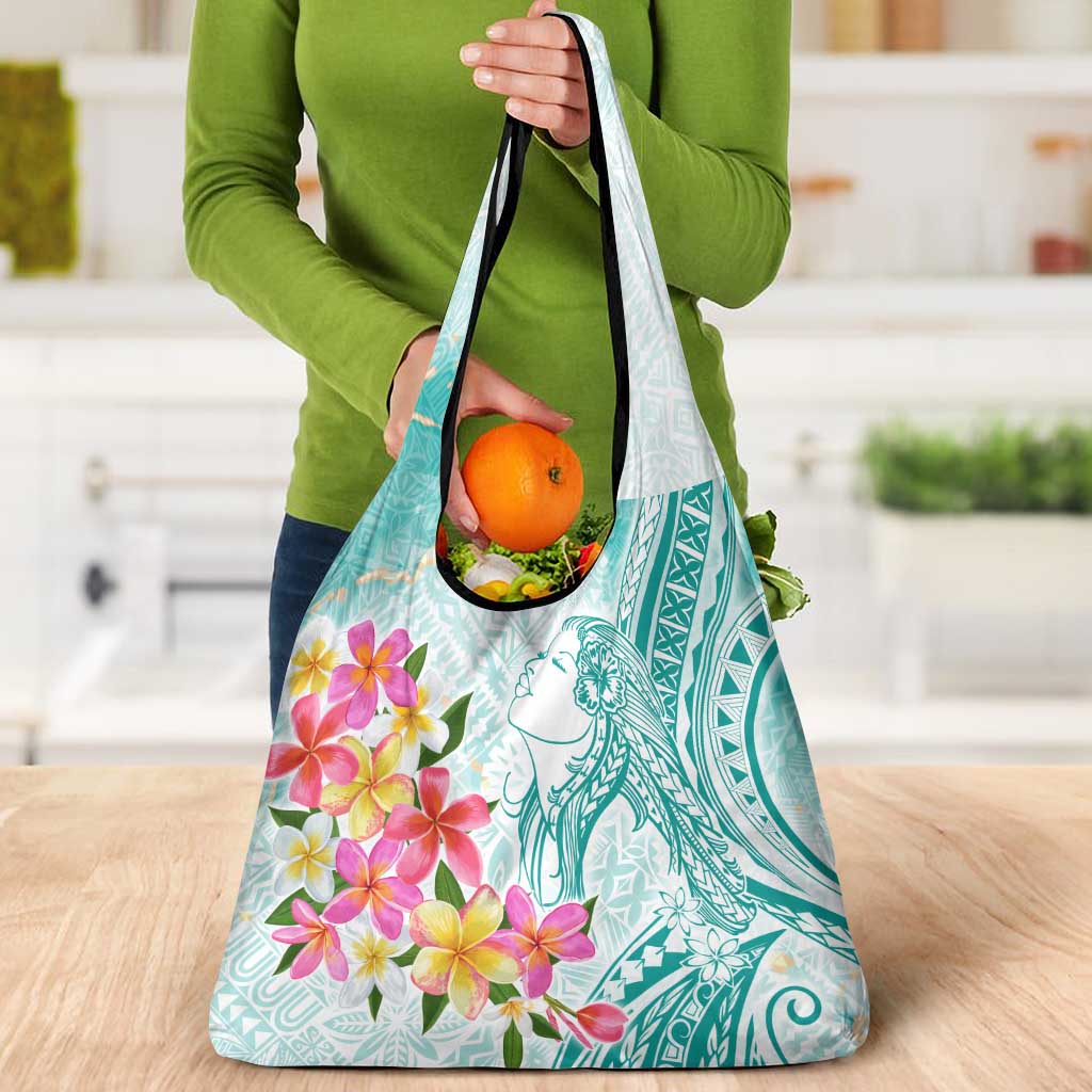 Polynesian Women's Day Wahine Grocery Bag Plumeria Marble Glaze - Teal