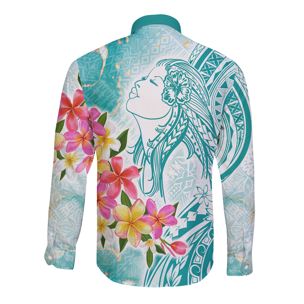 Polynesian Women's Day Wahine Long Sleeve Button Shirt Plumeria Marble Glaze - Teal LT7 - Polynesian Pride