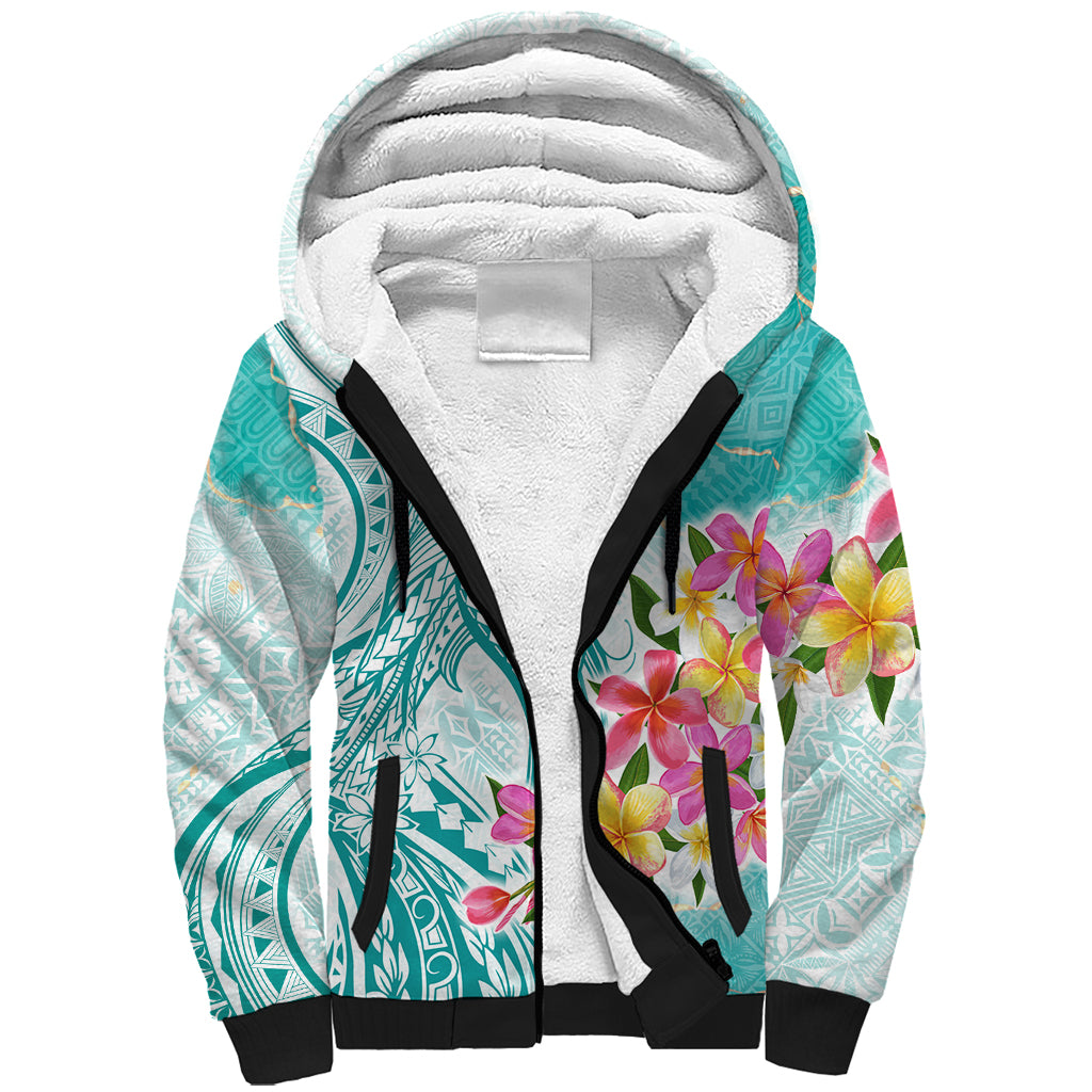 Polynesian Women's Day Wahine Sherpa Hoodie Plumeria Marble Glaze - Teal LT7 Unisex Teal - Polynesian Pride