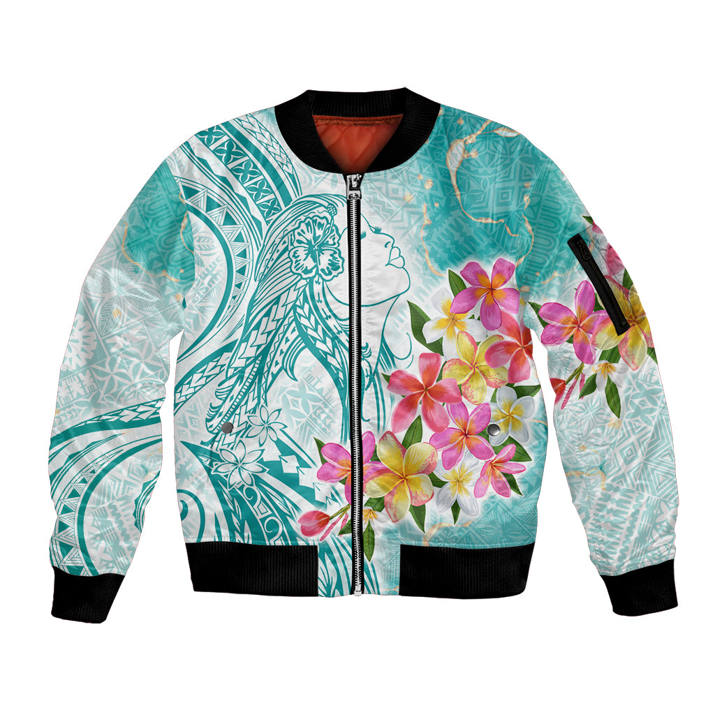 Polynesian Women's Day Wahine Sleeve Zip Bomber Jacket Plumeria Marble Glaze - Teal LT7 Unisex Teal - Polynesian Pride