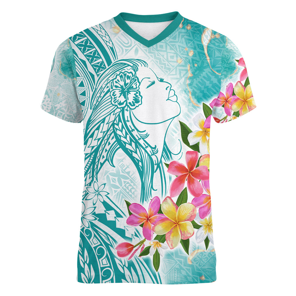 Polynesian Women's Day Wahine Women V Neck T Shirt Plumeria Marble Glaze - Teal LT7 Female Teal - Polynesian Pride