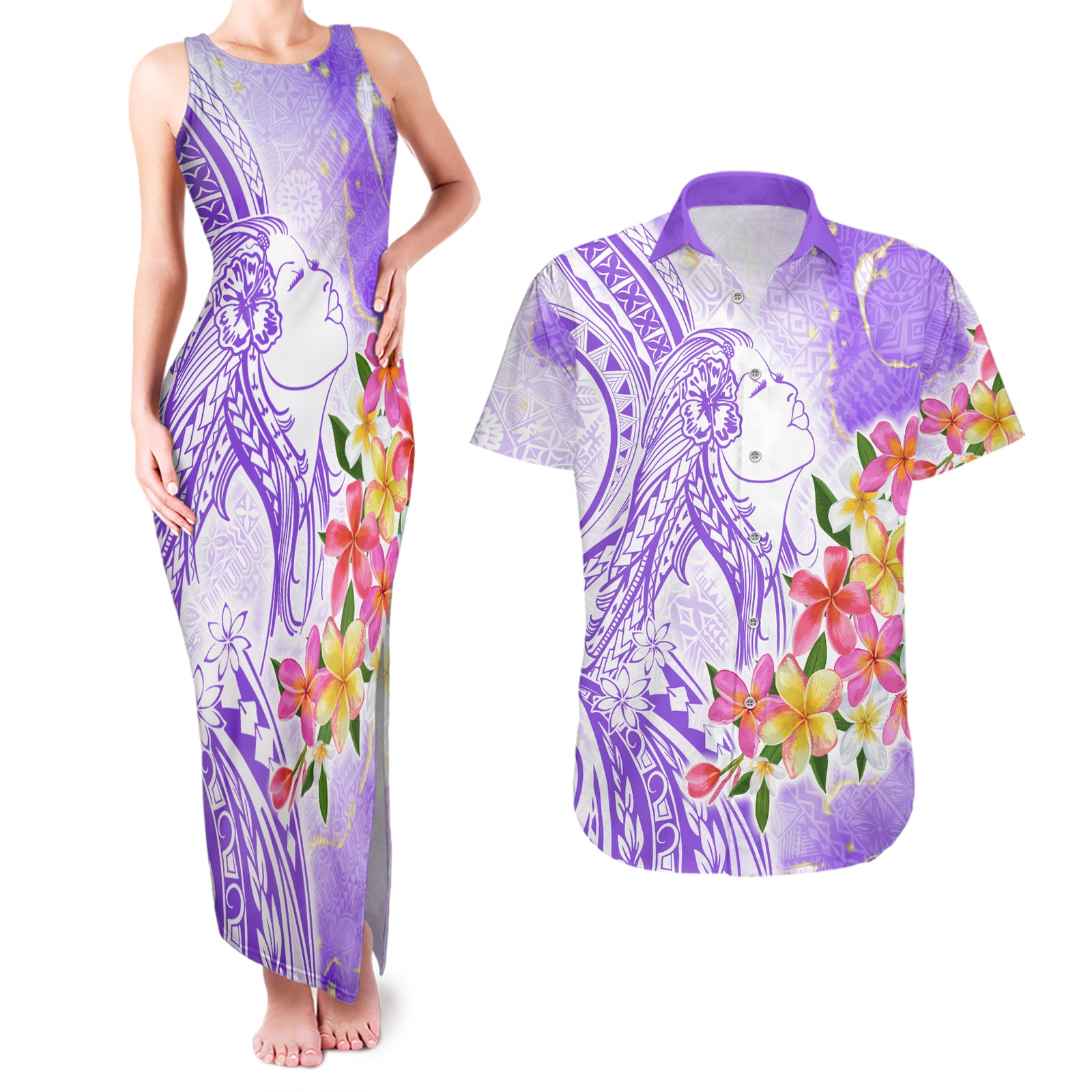 Polynesian Women's Day Wahine Couples Matching Tank Maxi Dress and Hawaiian Shirt Plumeria Marble Glaze - Purple LT7 Purple - Polynesian Pride