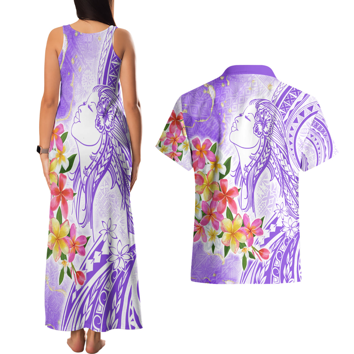 Polynesian Women's Day Wahine Couples Matching Tank Maxi Dress and Hawaiian Shirt Plumeria Marble Glaze - Purple LT7 - Polynesian Pride