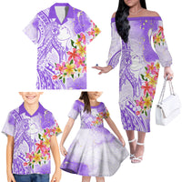 Polynesian Women's Day Wahine Family Matching Off Shoulder Long Sleeve Dress and Hawaiian Shirt Plumeria Marble Glaze - Purple LT7 - Polynesian Pride