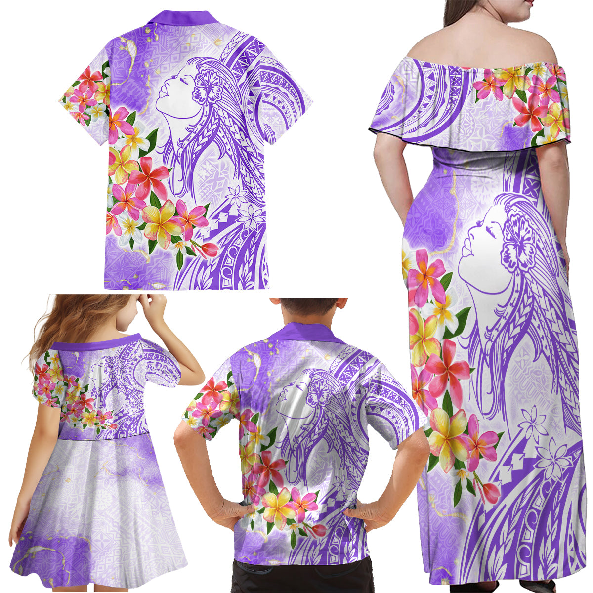 Polynesian Women's Day Wahine Family Matching Off Shoulder Maxi Dress and Hawaiian Shirt Plumeria Marble Glaze - Purple LT7 - Polynesian Pride
