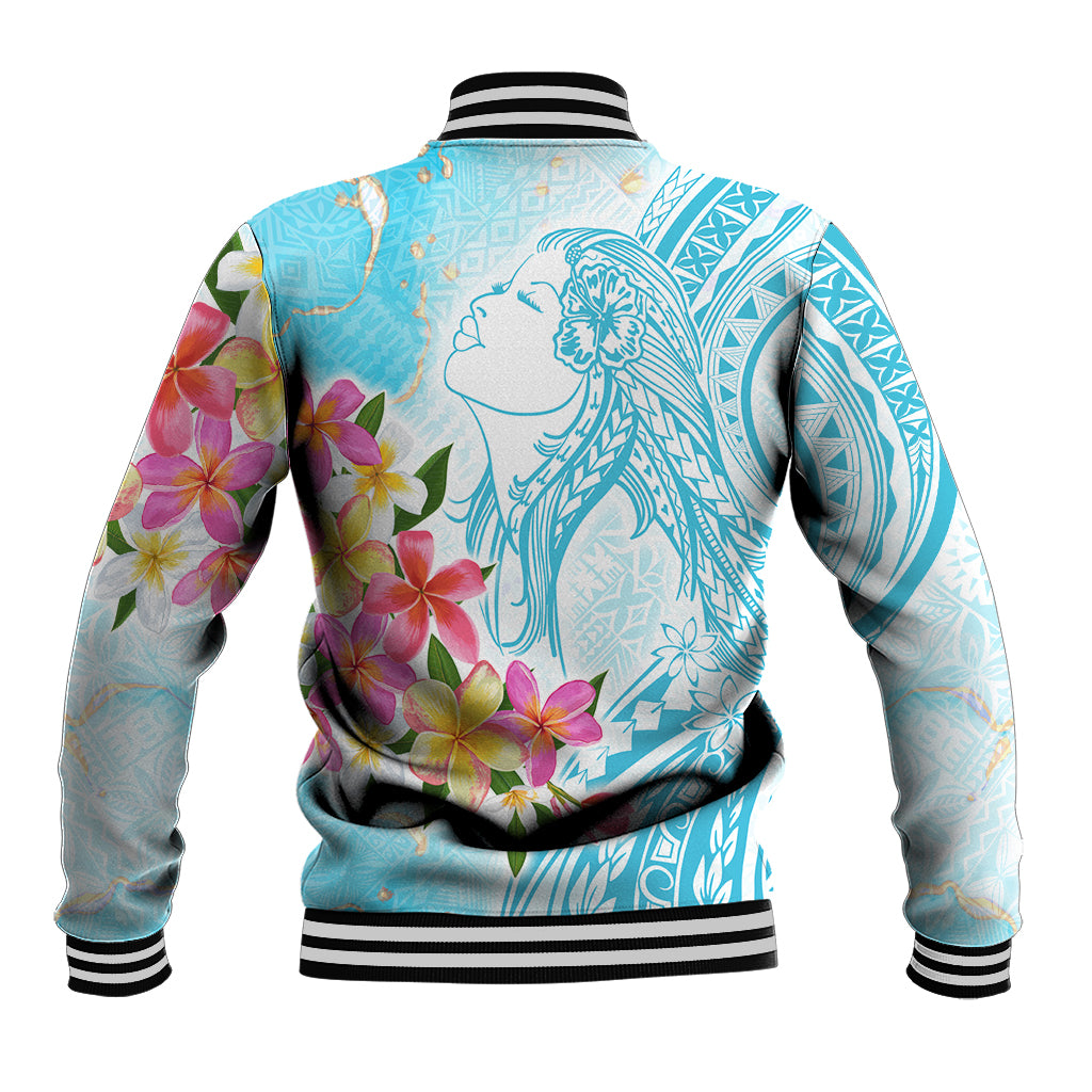 Polynesian Women's Day Wahine Baseball Jacket Plumeria Marble Glaze - Turquoise LT7 - Polynesian Pride