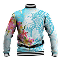 Polynesian Women's Day Wahine Baseball Jacket Plumeria Marble Glaze - Turquoise LT7 - Polynesian Pride