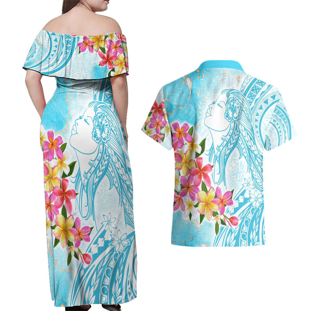 Polynesian Women's Day Wahine Couples Matching Off Shoulder Maxi Dress and Hawaiian Shirt Plumeria Marble Glaze - Turquoise LT7 - Polynesian Pride