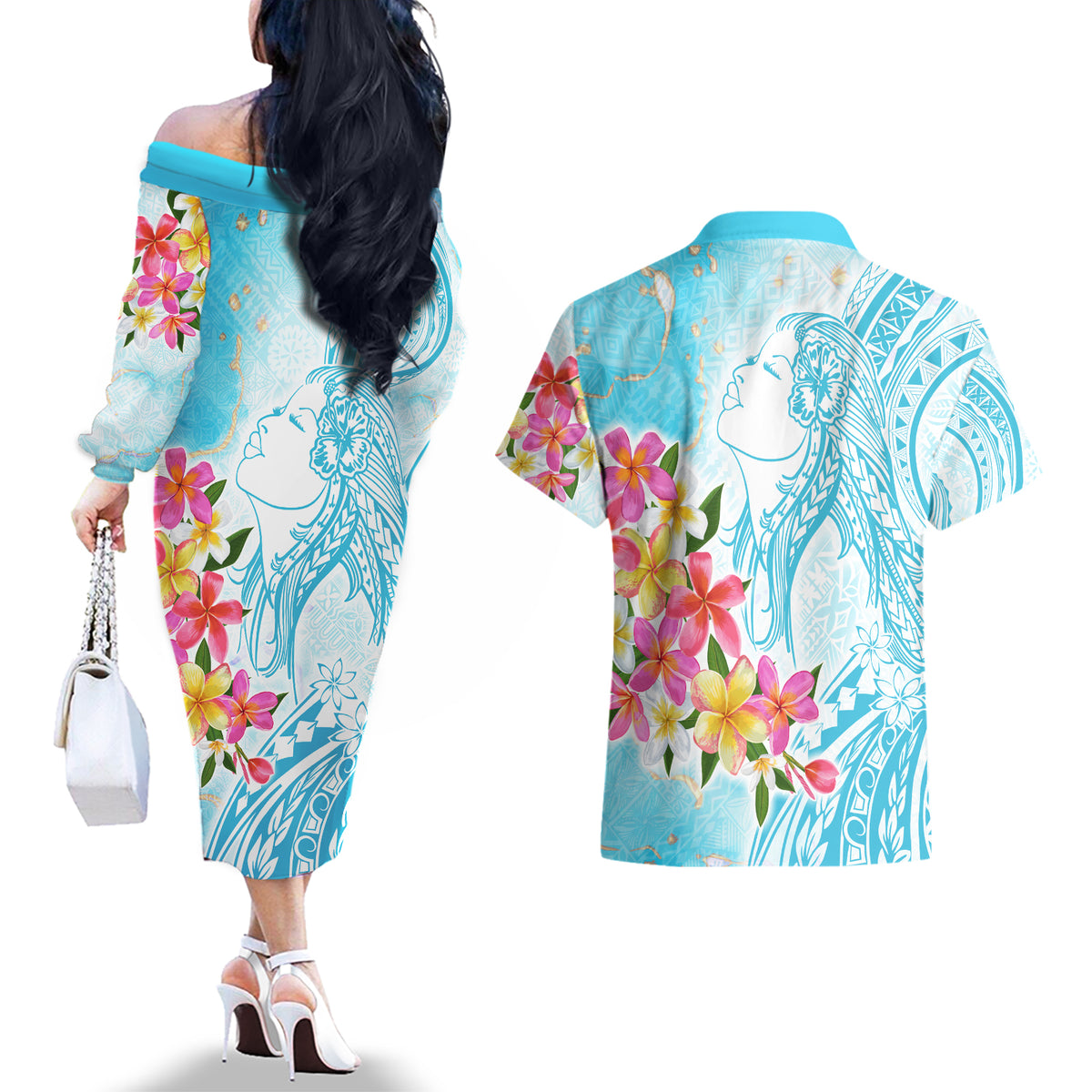 Polynesian Women's Day Wahine Couples Matching Off The Shoulder Long Sleeve Dress and Hawaiian Shirt Plumeria Marble Glaze - Turquoise LT7 - Polynesian Pride
