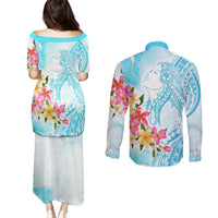 Polynesian Women's Day Wahine Couples Matching Puletasi and Long Sleeve Button Shirt Plumeria Marble Glaze - Turquoise LT7 - Polynesian Pride