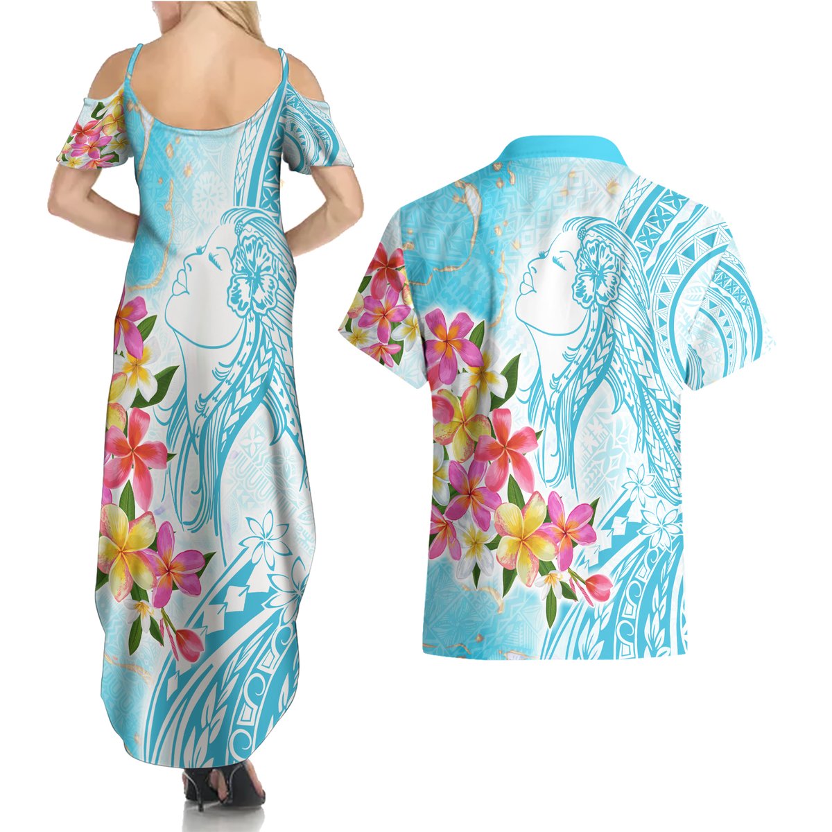 Polynesian Women's Day Wahine Couples Matching Summer Maxi Dress and Hawaiian Shirt Plumeria Marble Glaze - Turquoise LT7 - Polynesian Pride