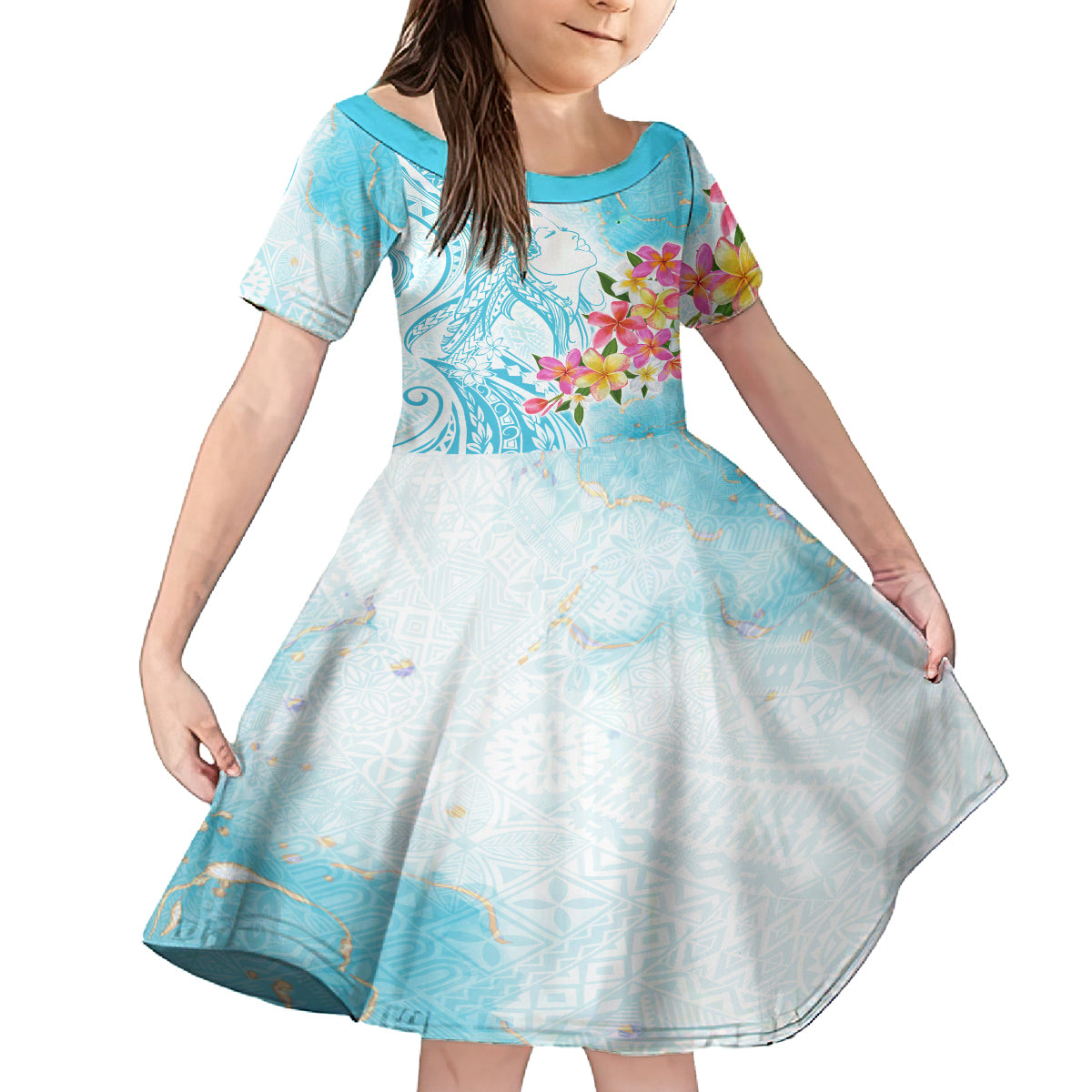 Polynesian Women's Day Wahine Family Matching Off Shoulder Long Sleeve Dress and Hawaiian Shirt Plumeria Marble Glaze - Turquoise LT7 Daughter's Dress Turquoise - Polynesian Pride