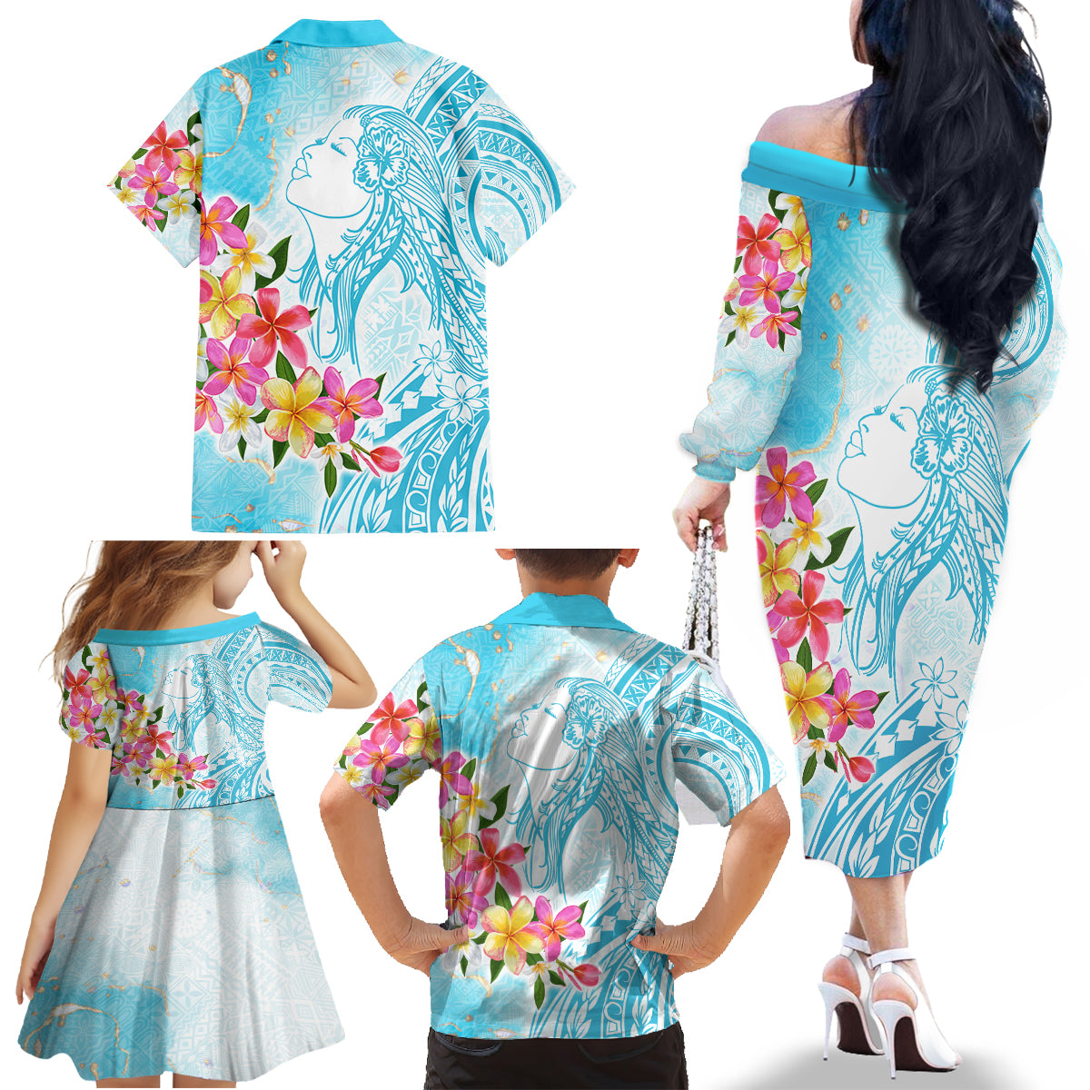 Polynesian Women's Day Wahine Family Matching Off Shoulder Long Sleeve Dress and Hawaiian Shirt Plumeria Marble Glaze - Turquoise LT7 - Polynesian Pride