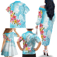 Polynesian Women's Day Wahine Family Matching Off Shoulder Long Sleeve Dress and Hawaiian Shirt Plumeria Marble Glaze - Turquoise LT7 - Polynesian Pride