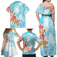 Polynesian Women's Day Wahine Family Matching Off Shoulder Maxi Dress and Hawaiian Shirt Plumeria Marble Glaze - Turquoise LT7 - Polynesian Pride