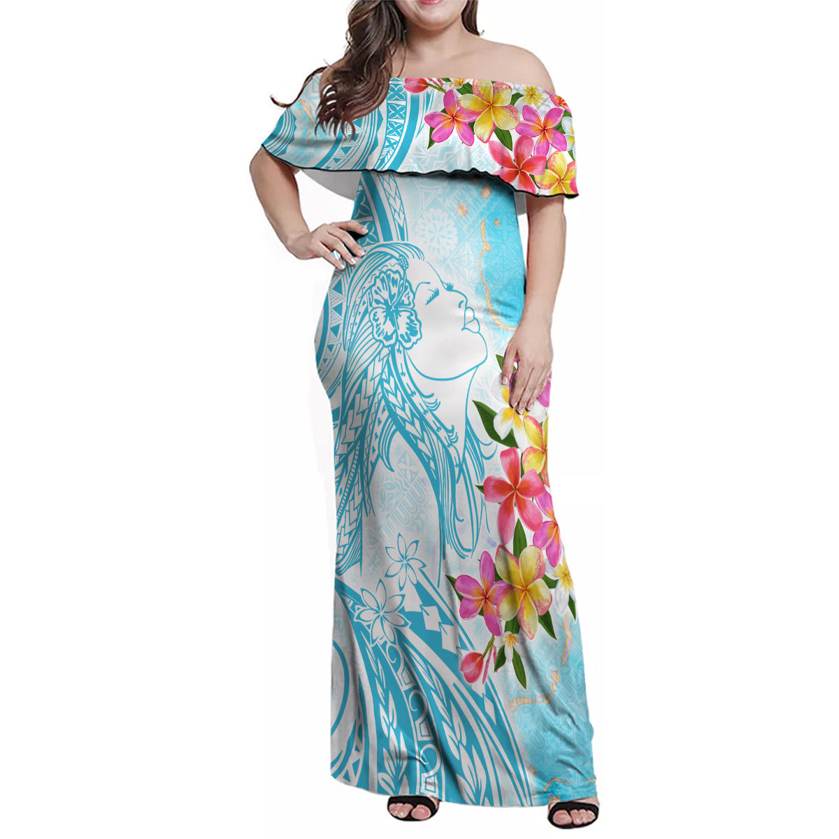 Polynesian Women's Day Wahine Family Matching Off Shoulder Maxi Dress and Hawaiian Shirt Plumeria Marble Glaze - Turquoise LT7 Mom's Dress Turquoise - Polynesian Pride