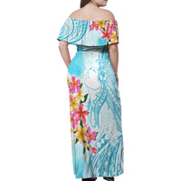 Polynesian Women's Day Wahine Family Matching Off Shoulder Maxi Dress and Hawaiian Shirt Plumeria Marble Glaze - Turquoise LT7 - Polynesian Pride
