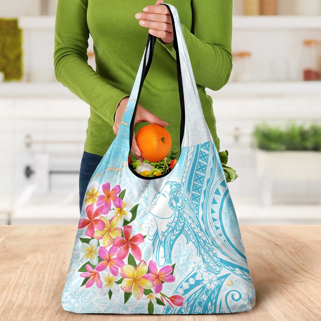 Polynesian Women's Day Wahine Grocery Bag Plumeria Marble Glaze - Turquoise